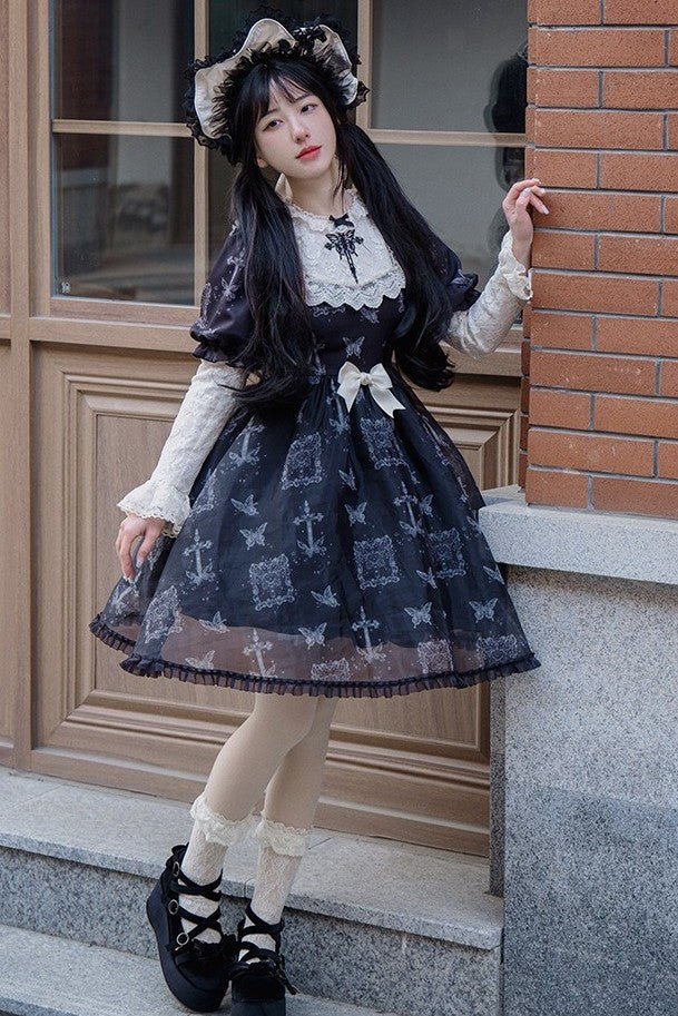Curtain Butterfly Embroidered Print Lolita OP - LolitaEraEmbroidered Dress + Puff Sleeves & BowSCurtain Butterfly Embroidered Print Lolita OP