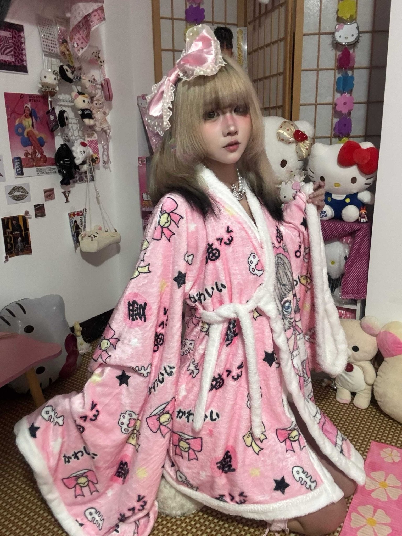 Cute Loungewear Vintage Long - Sleeve Flannel Robe - LolitaEraPinkCute Loungewear Vintage Long - Sleeve Flannel Robe