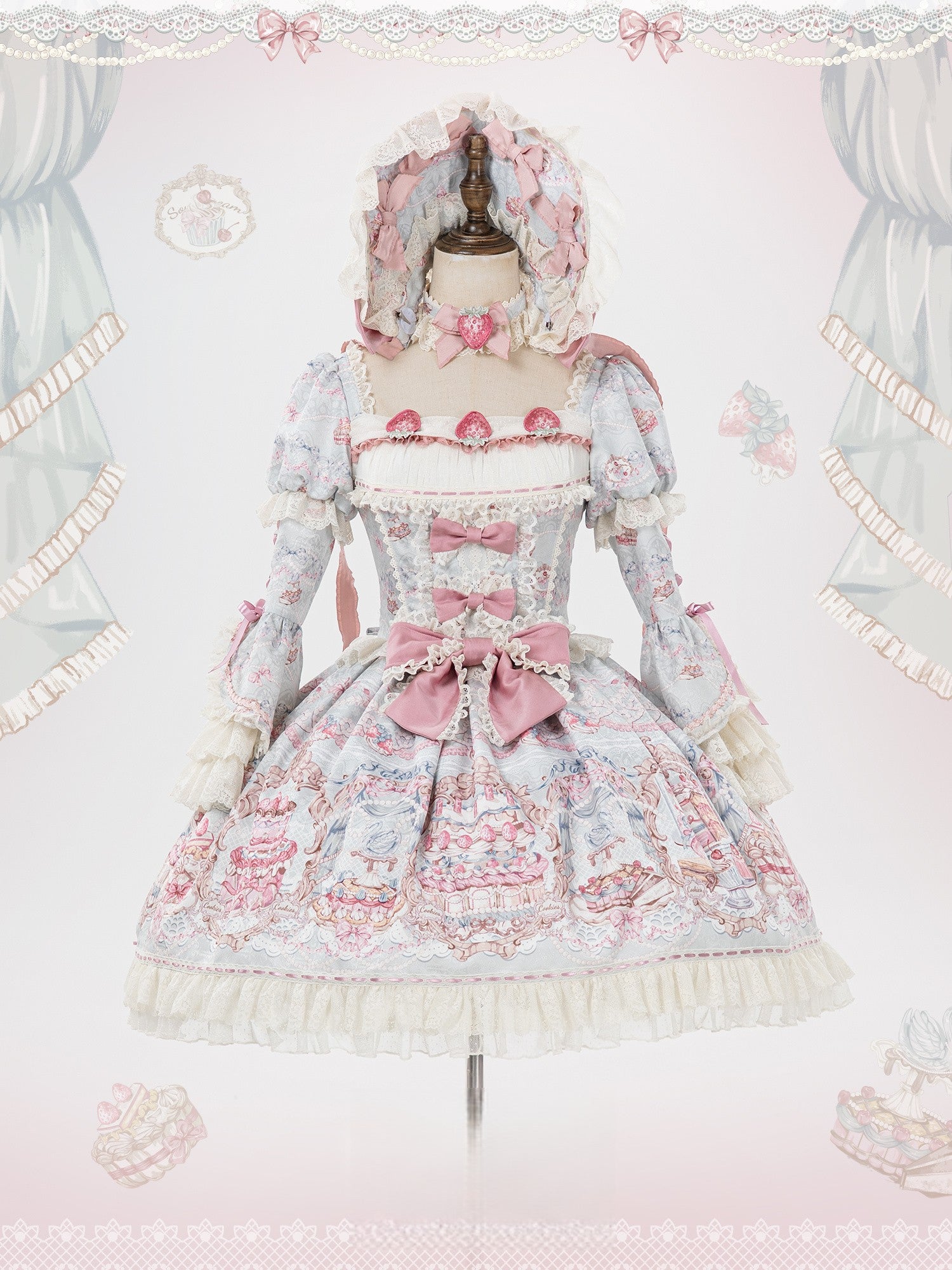 Victoria Cake Blue Grey Jacquard Vintage Sweet Lolita OP Dress