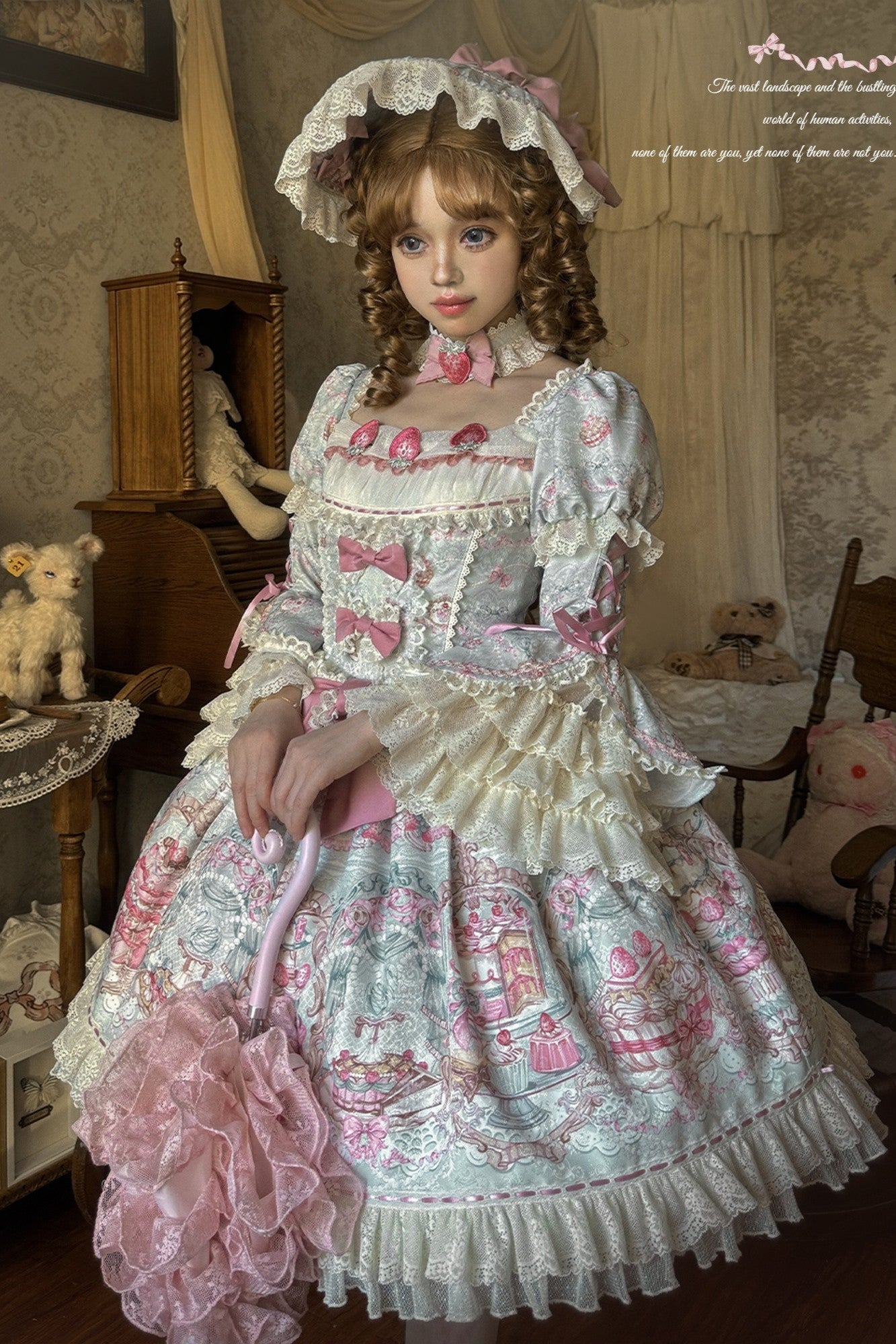 Victoria Cake Blue Grey Jacquard Vintage Sweet Lolita OP Dress