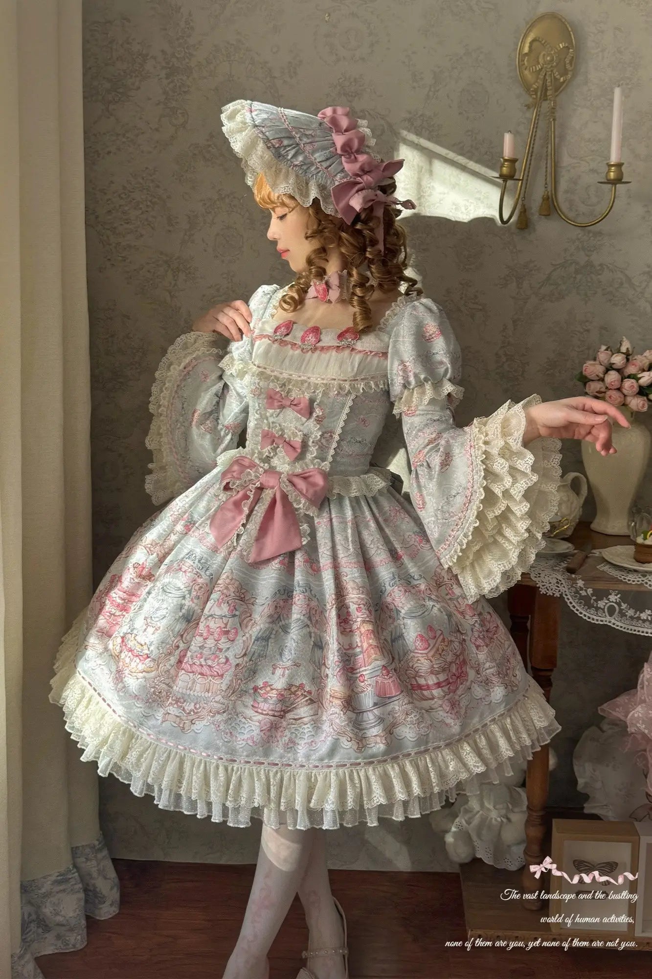 Victoria Cake Blue Grey Jacquard Vintage Sweet Lolita OP Dress