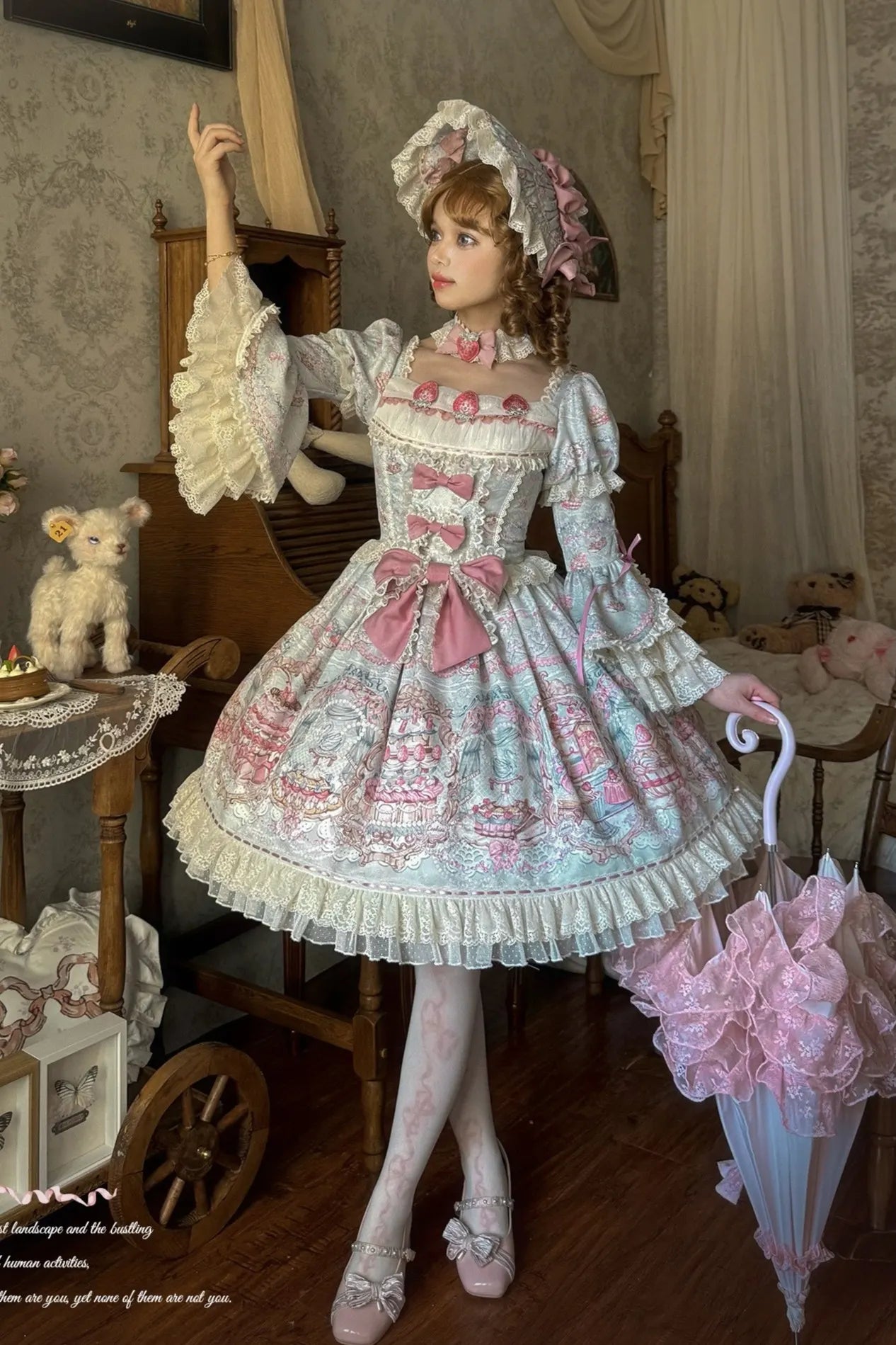 Victoria Cake Blue Grey Jacquard Vintage Sweet Lolita OP Dress
