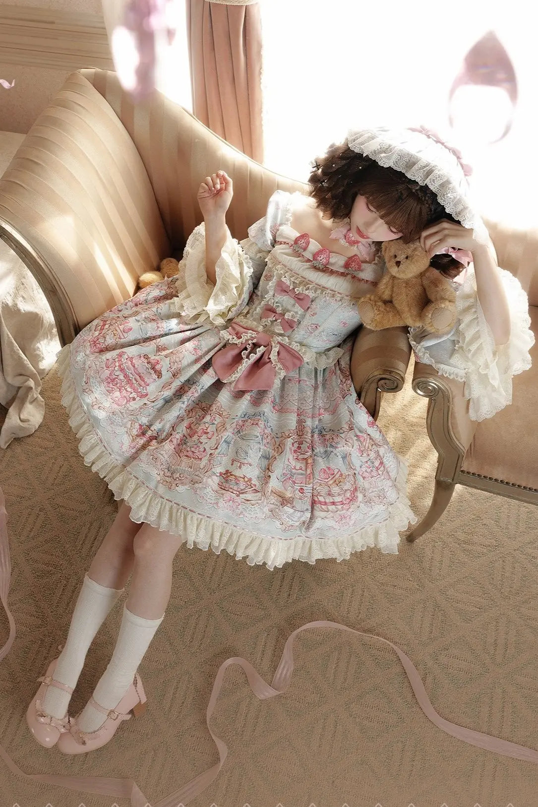 Victoria Cake Blue Grey Jacquard Vintage Sweet Lolita OP Dress