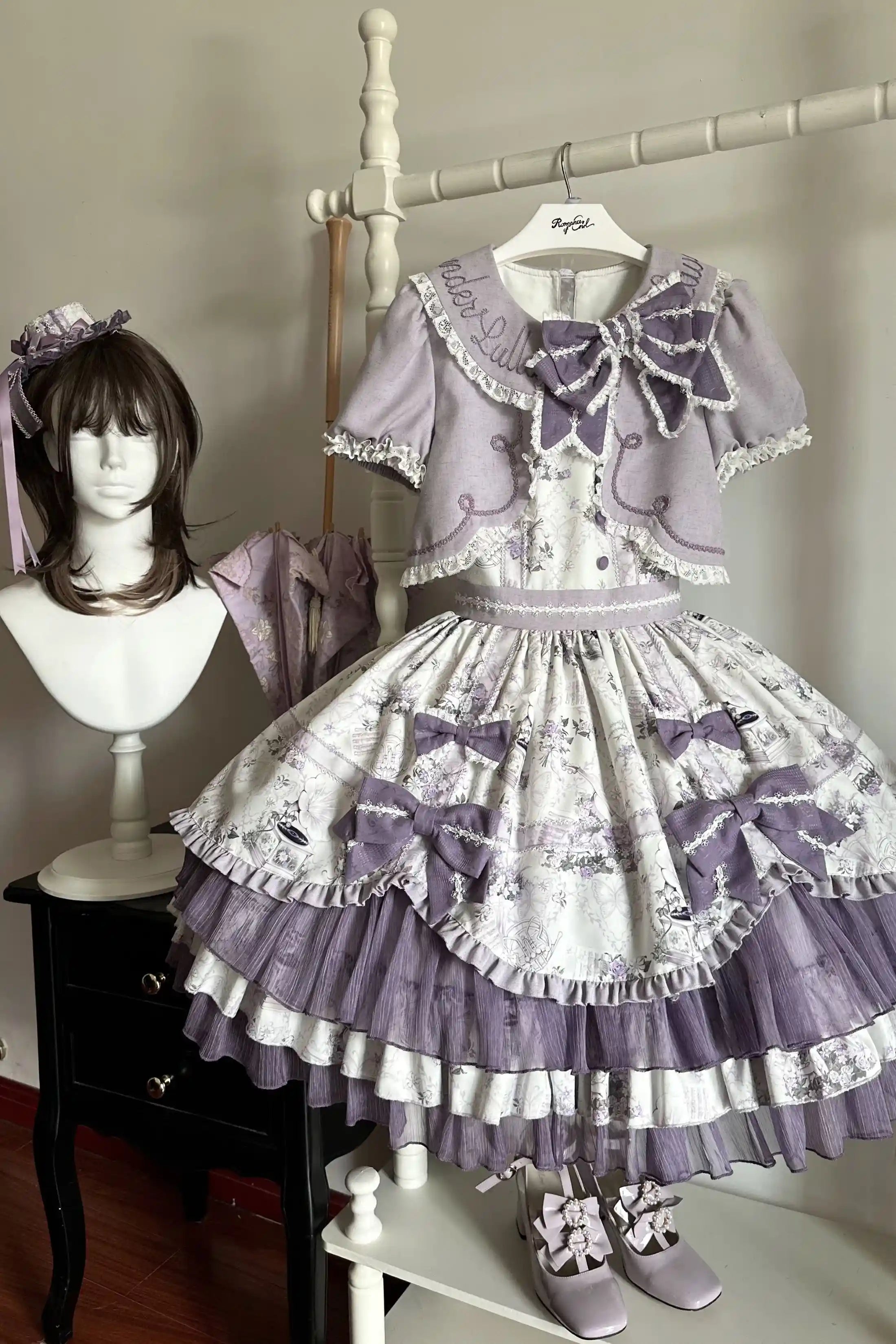 Music Flower Wall Purple Gramophone Print Bow Classic Lolita OP Dress