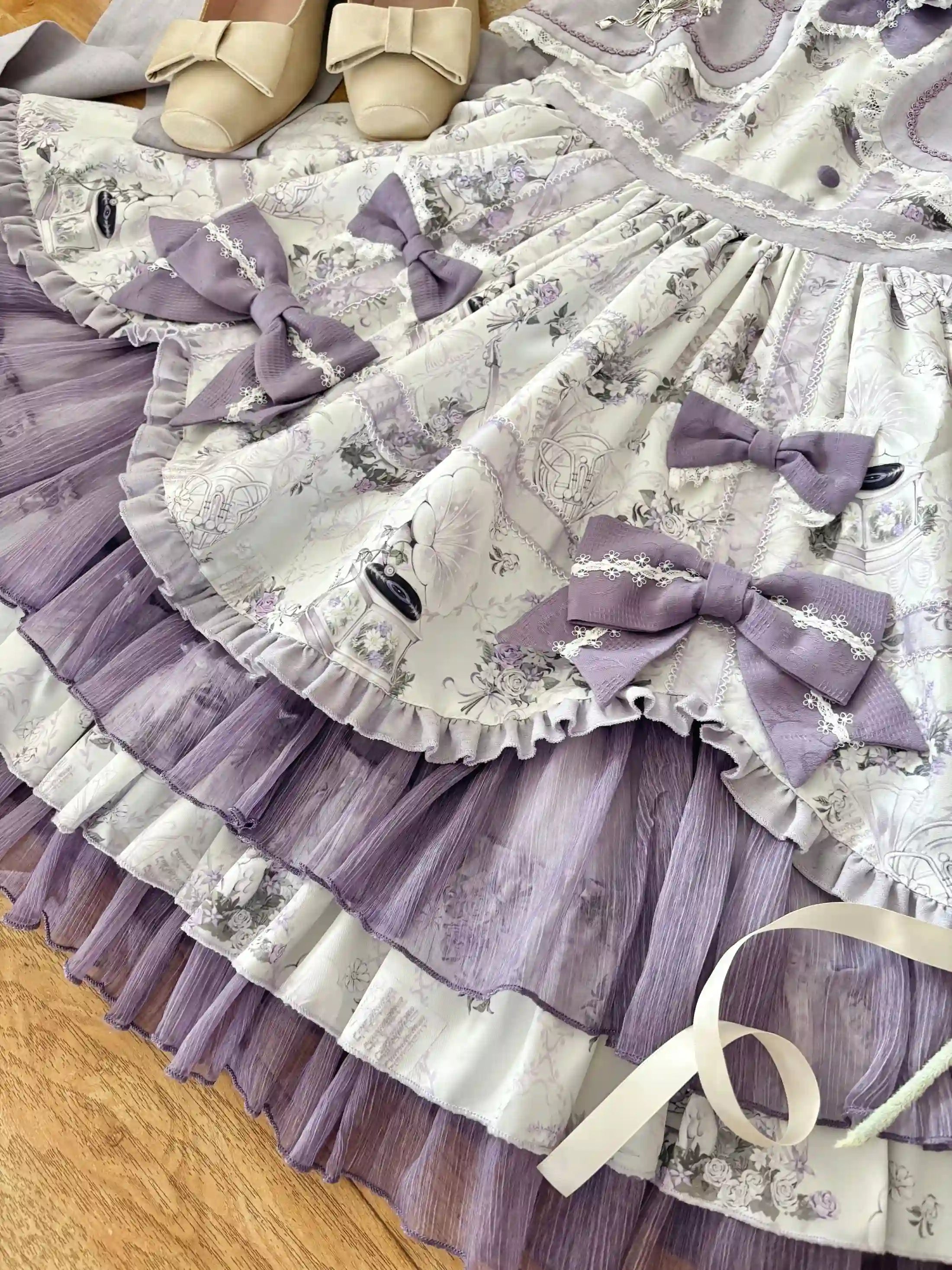 Music Flower Wall Purple Gramophone Print Bow Classic Lolita OP Dress