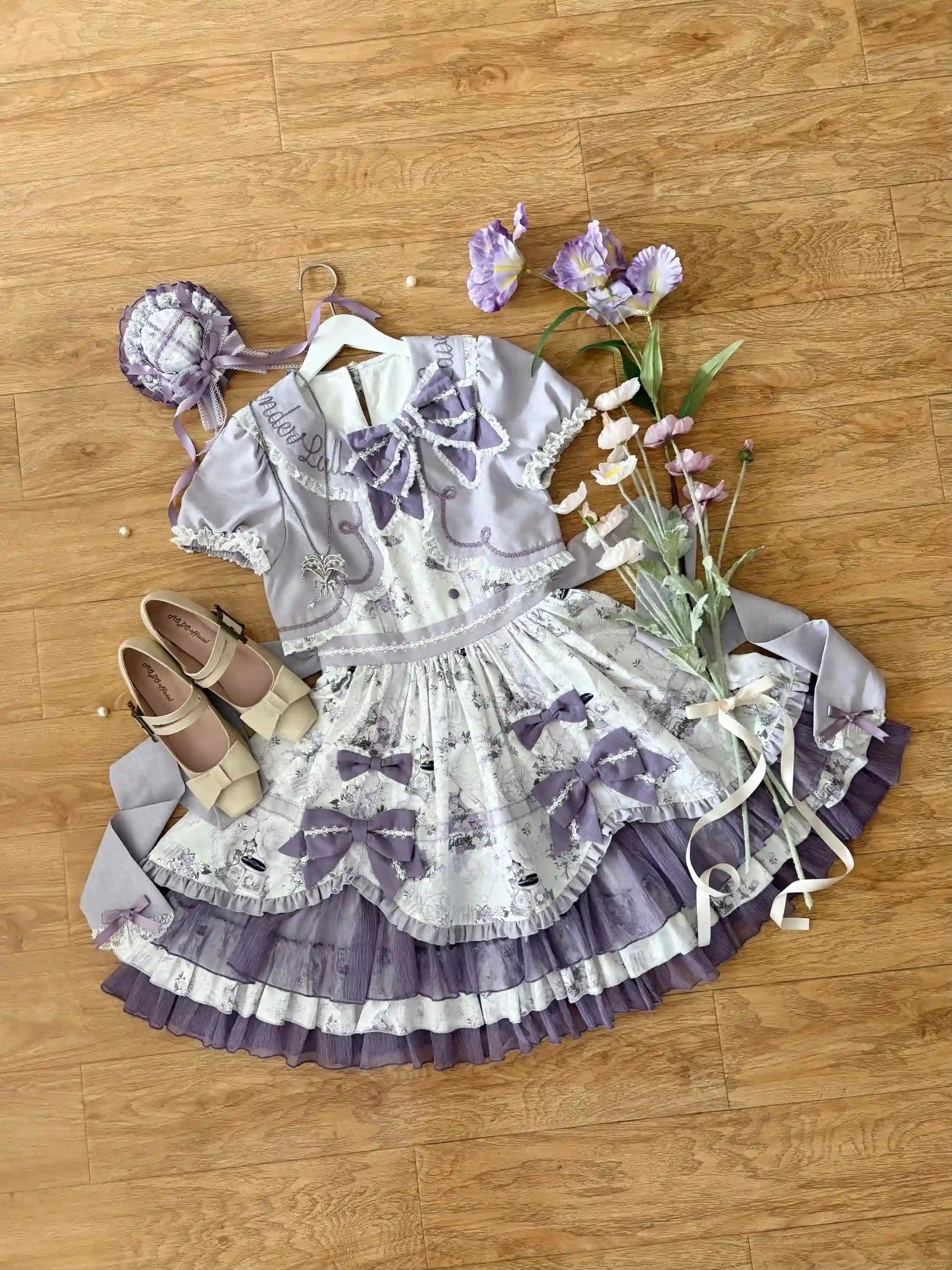 Music Flower Wall Purple Gramophone Print Bow Classic Lolita OP Dress