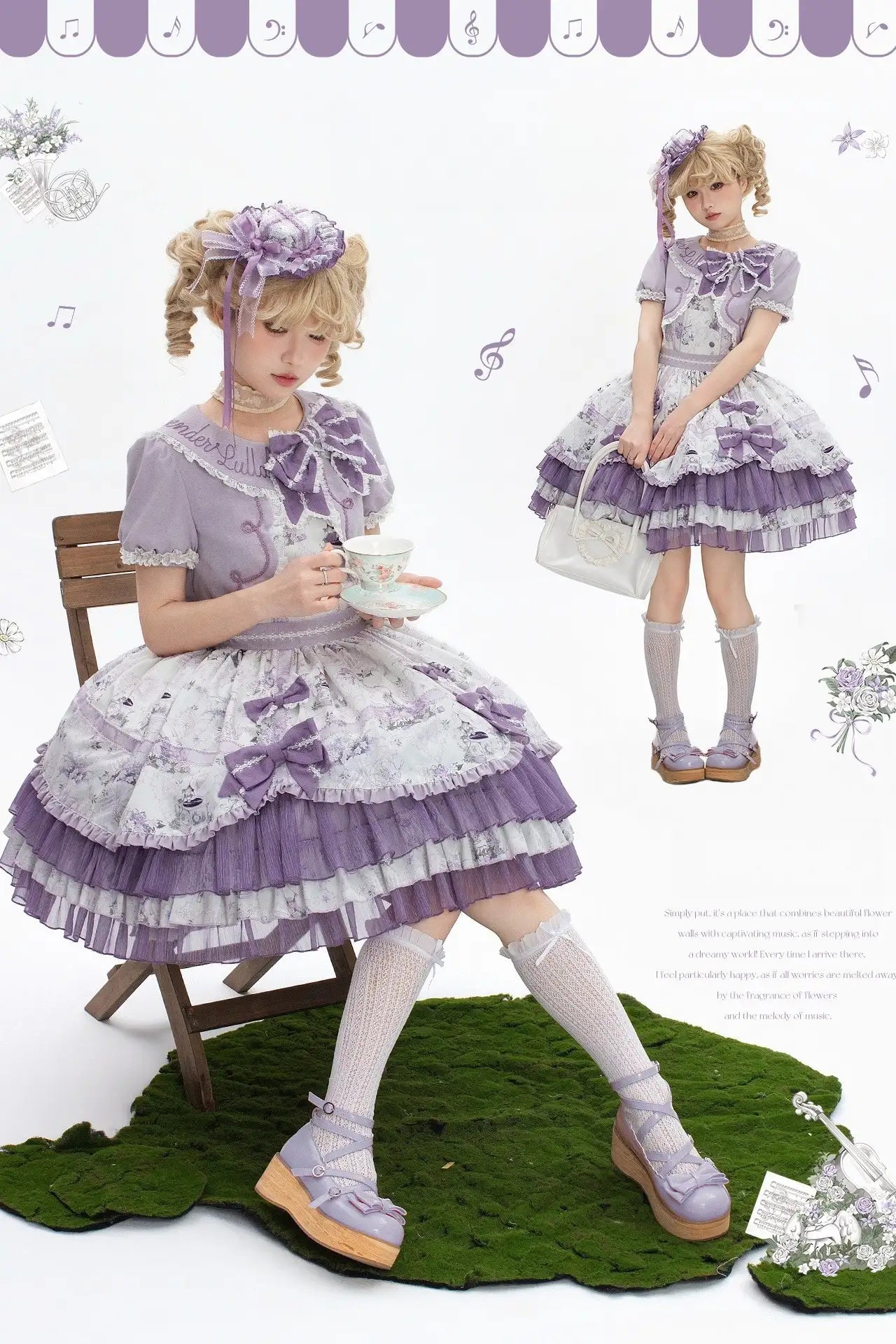 Music Flower Wall Purple Gramophone Print Bow Classic Lolita OP Dress