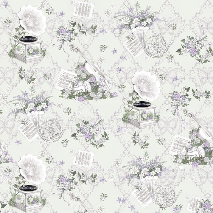 Music Flower Wall Purple Gramophone Print Bow Classic Lolita OP Dress