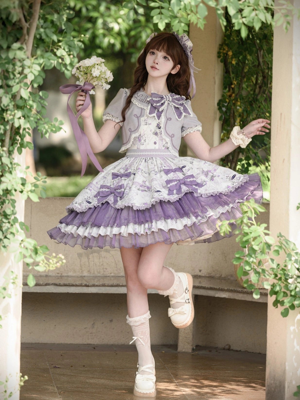 Music Flower Wall Purple Gramophone Print Bow Classic Lolita OP Dress