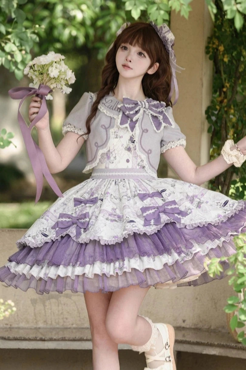 Music Flower Wall Purple Gramophone Print Bow Classic Lolita OP Dress