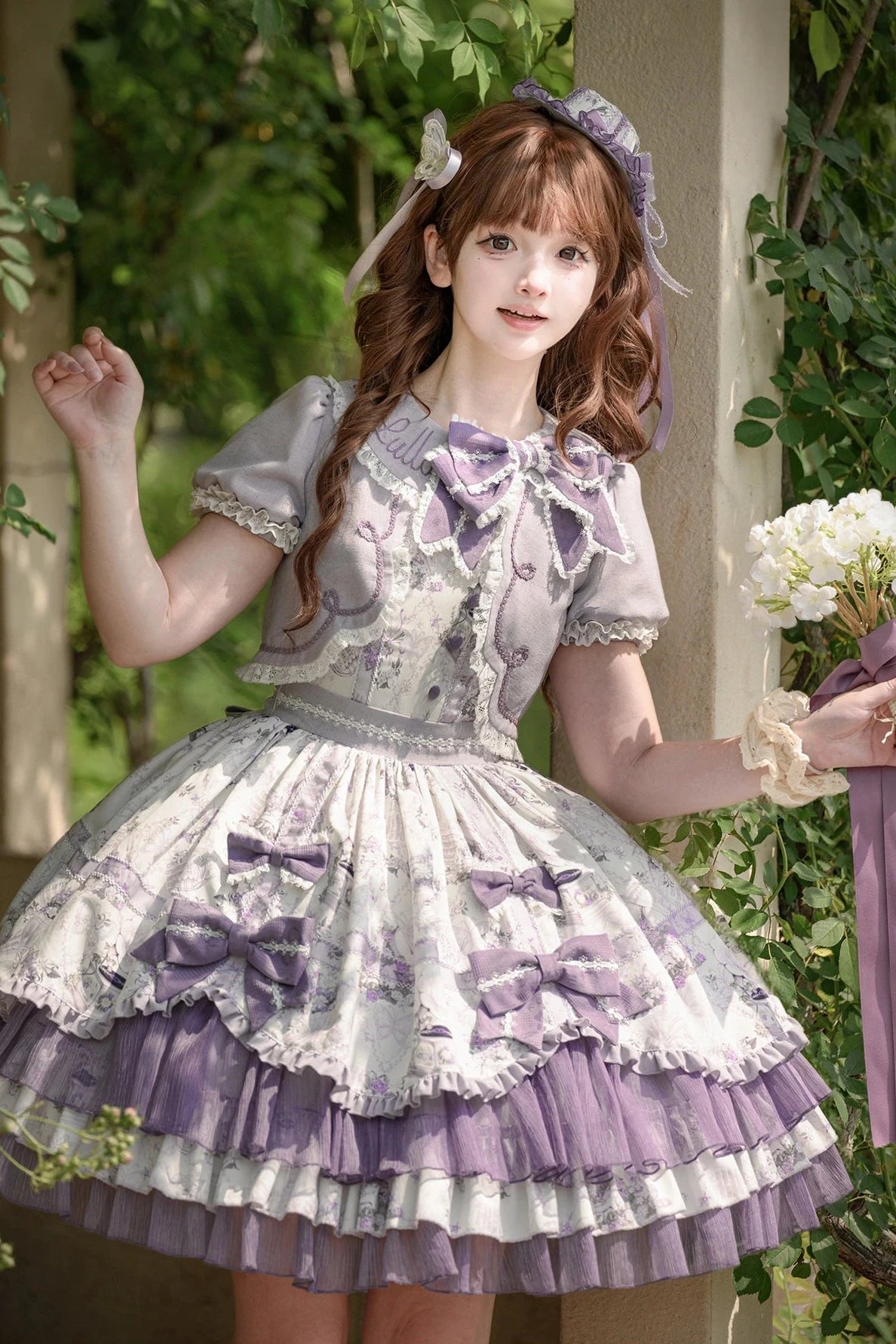 Music Flower Wall Purple Gramophone Print Bow Classic Lolita OP Dress