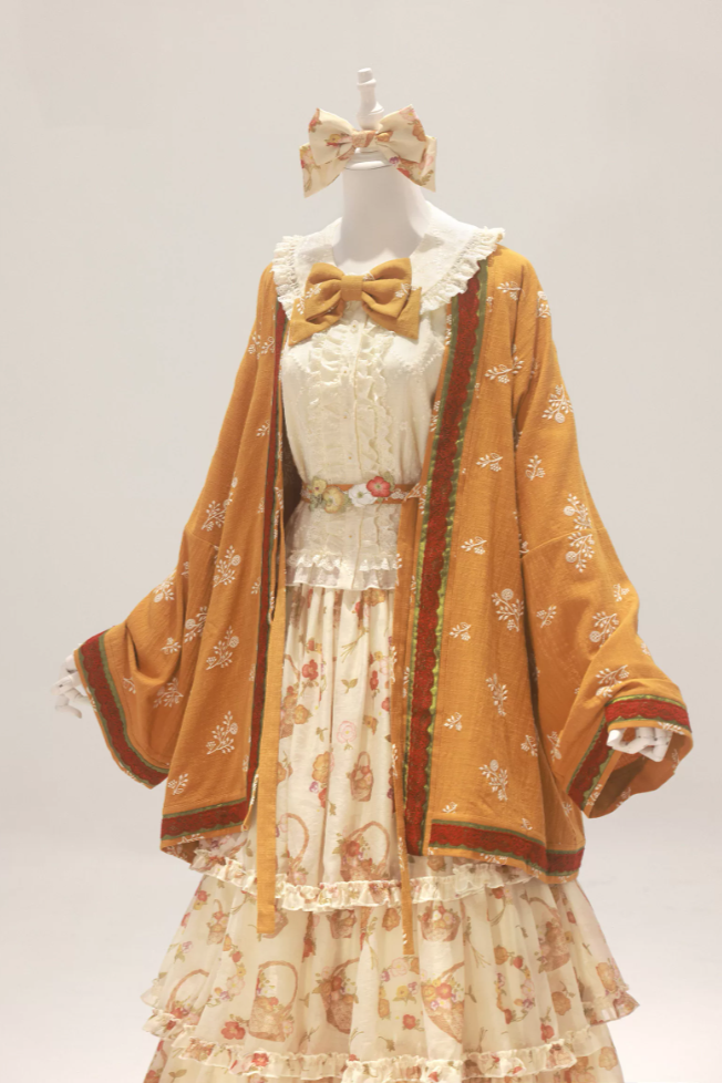 Blossoming Hibiscus Lolita Original Raccoon Sleeve Collar Blouse & Tiered Half Skirt Set