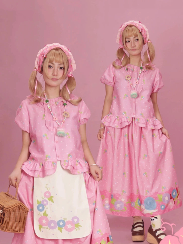 Morning Glory Lolita Original Design Printed Short Sleeve Skirt Set