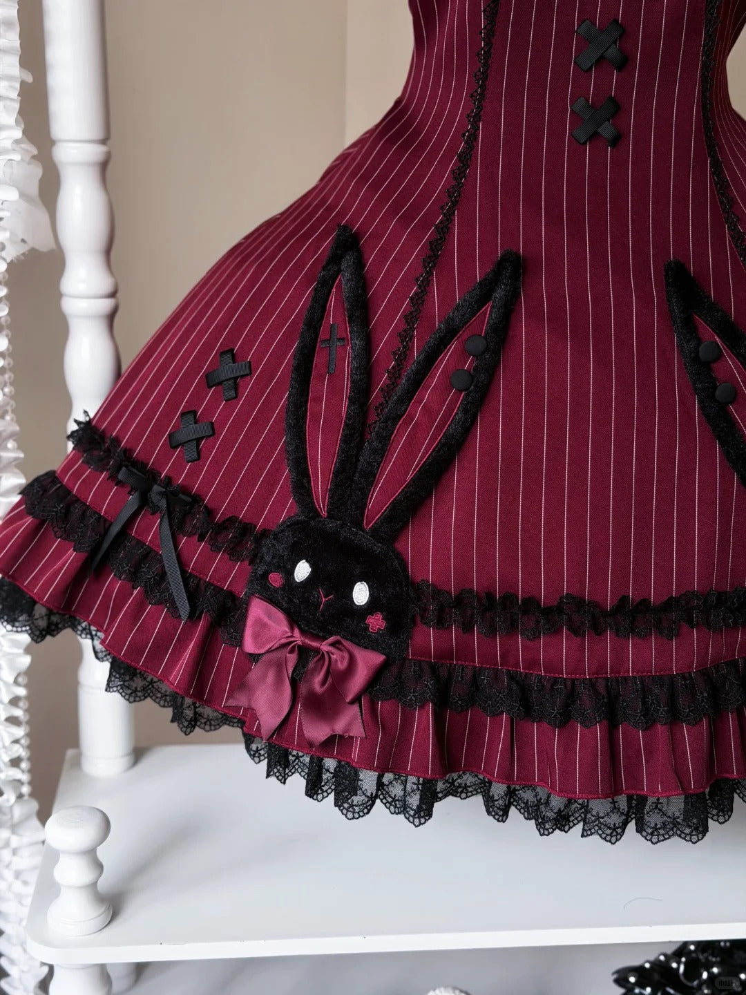 Dark Bunny Striped Gothic Lolita Dress with Rabbit Ear Hat and Tail - LolitaEra