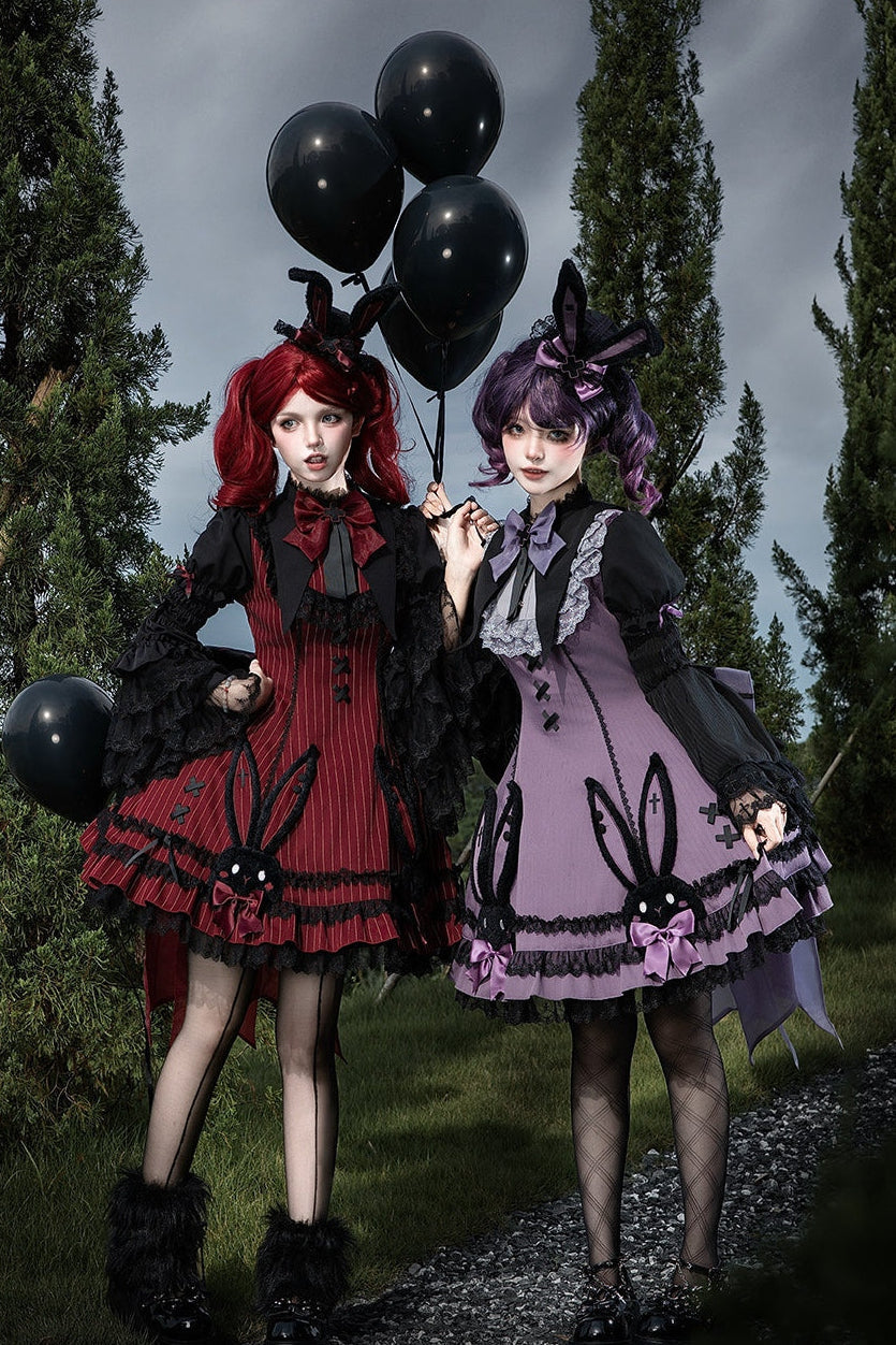 Dark Bunny Striped Gothic Lolita Dress with Rabbit Ear Hat and Tail - LolitaEra