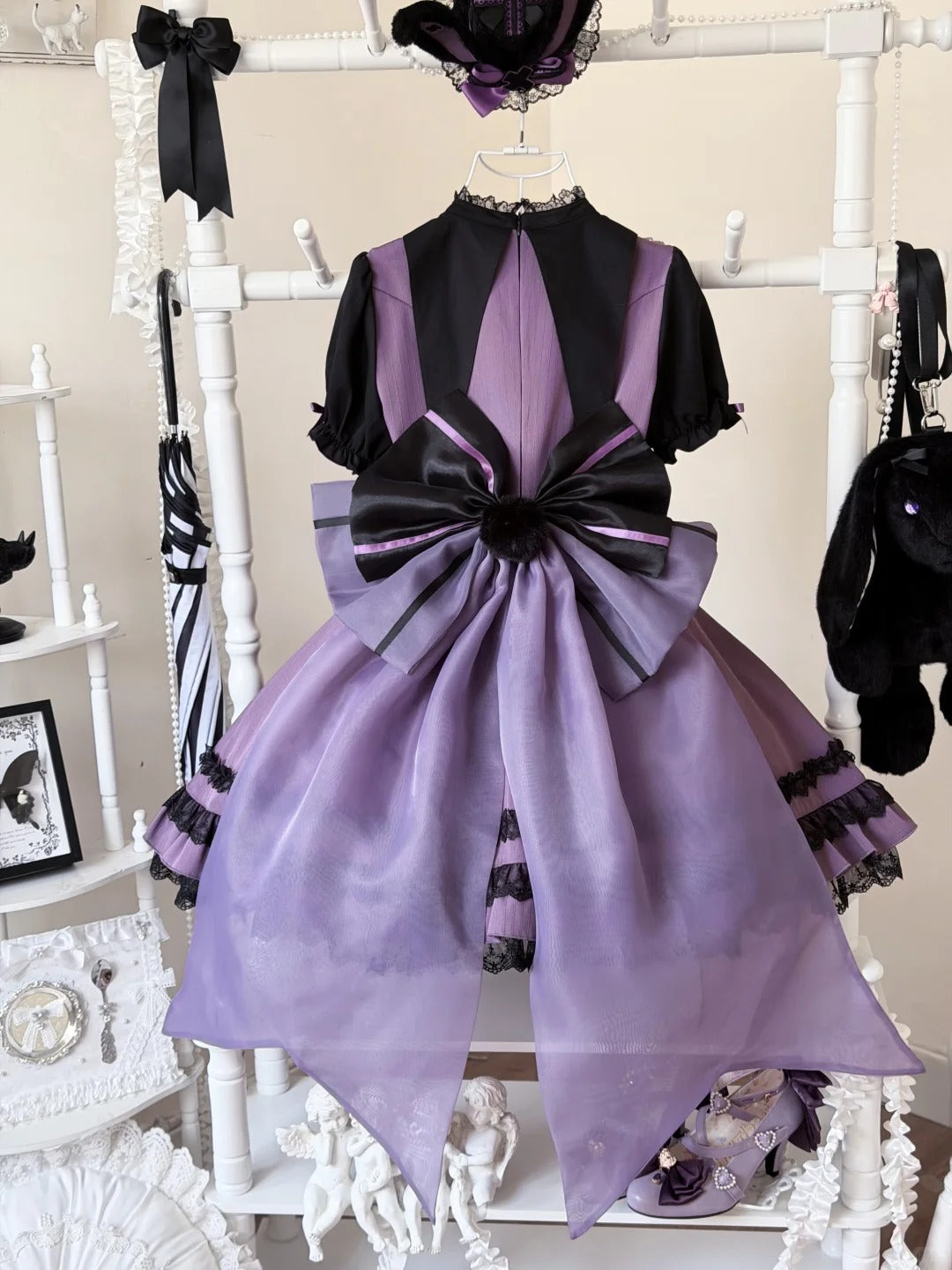 Dark Bunny Striped Gothic Lolita Dress with Rabbit Ear Hat and Tail - LolitaEra