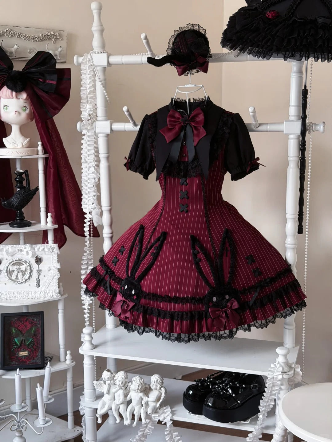Dark Bunny Striped Gothic Lolita Dress with Rabbit Ear Hat and Tail - LolitaEra