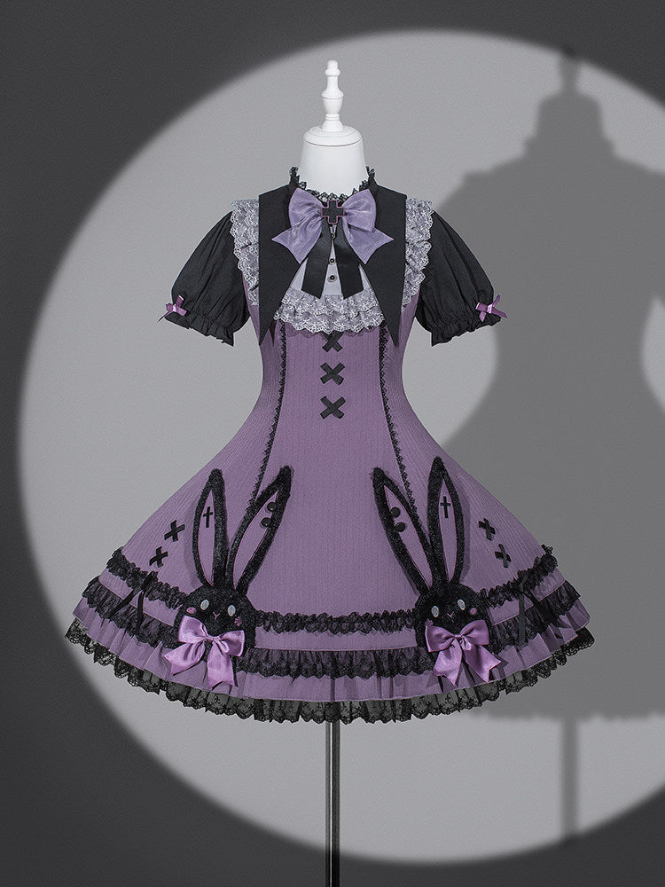 Dark Bunny Striped Gothic Lolita Dress with Rabbit Ear Hat and Tail - LolitaEra