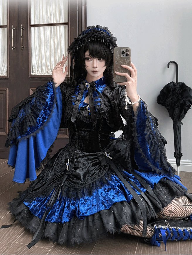 Dark Crow Poem Gothic Lolita Velvet JSK Dress Set - LolitaEra