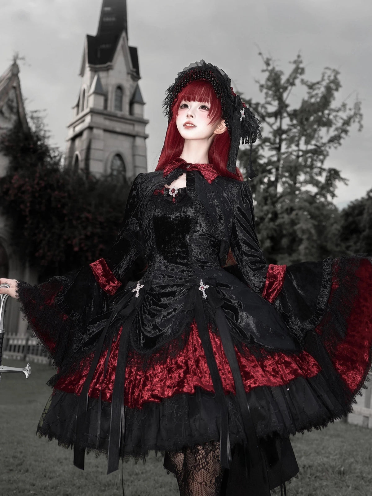 Dark Crow Poem Gothic Lolita Velvet JSK Dress Set - LolitaEra