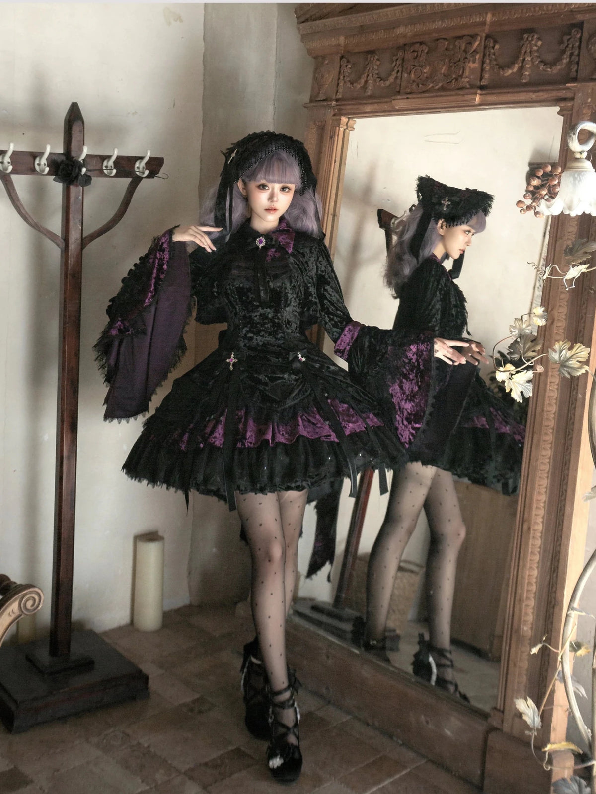 Dark Crow Poem Gothic Lolita Velvet JSK Dress Set - LolitaEra