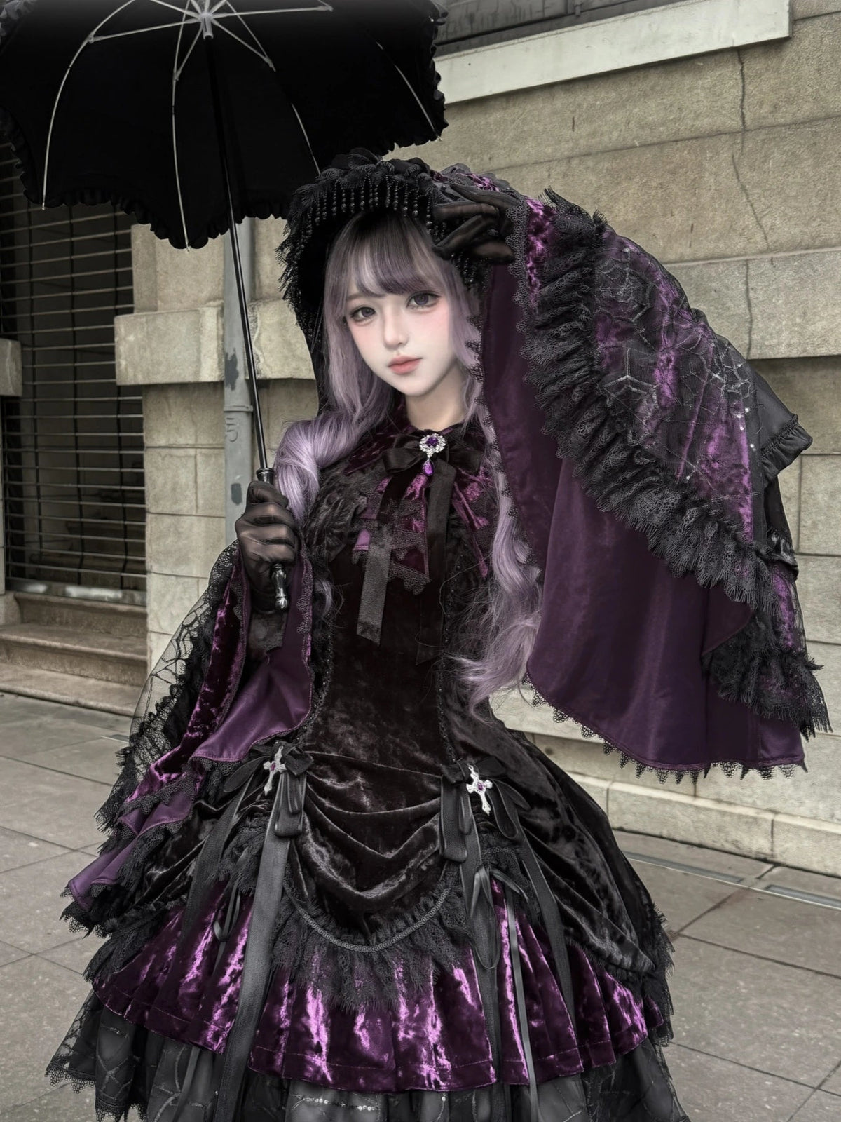Dark Crow Poem Gothic Lolita Velvet JSK Dress Set - LolitaEra