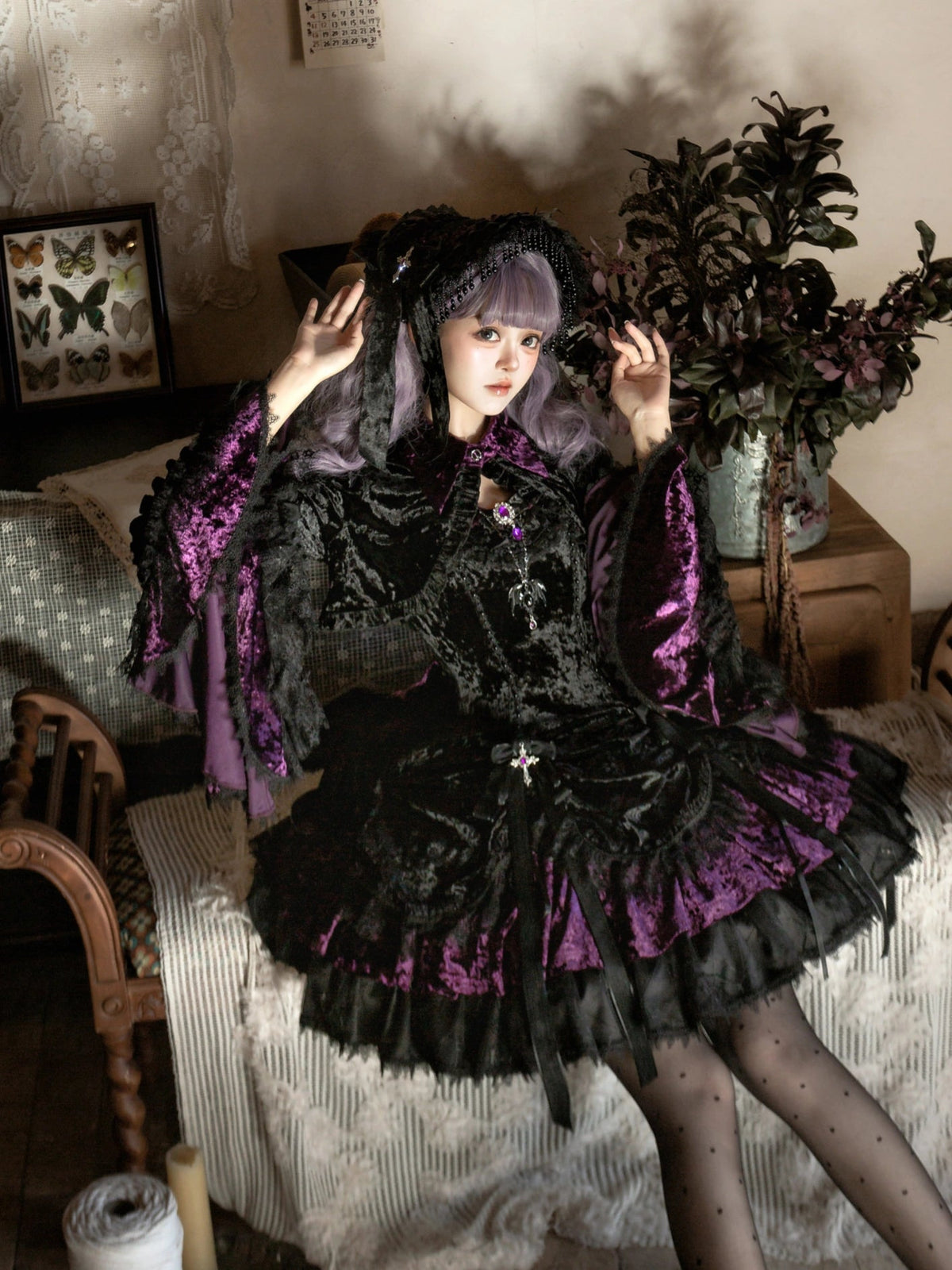 Dark Crow Poem Gothic Lolita Velvet JSK Dress Set - LolitaEra