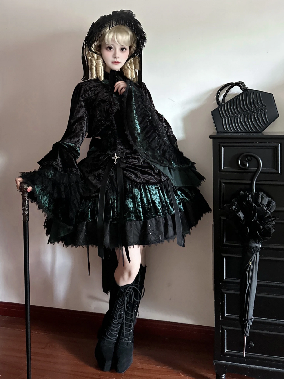 Dark Crow Poem Gothic Lolita Velvet JSK Dress Set - LolitaEra
