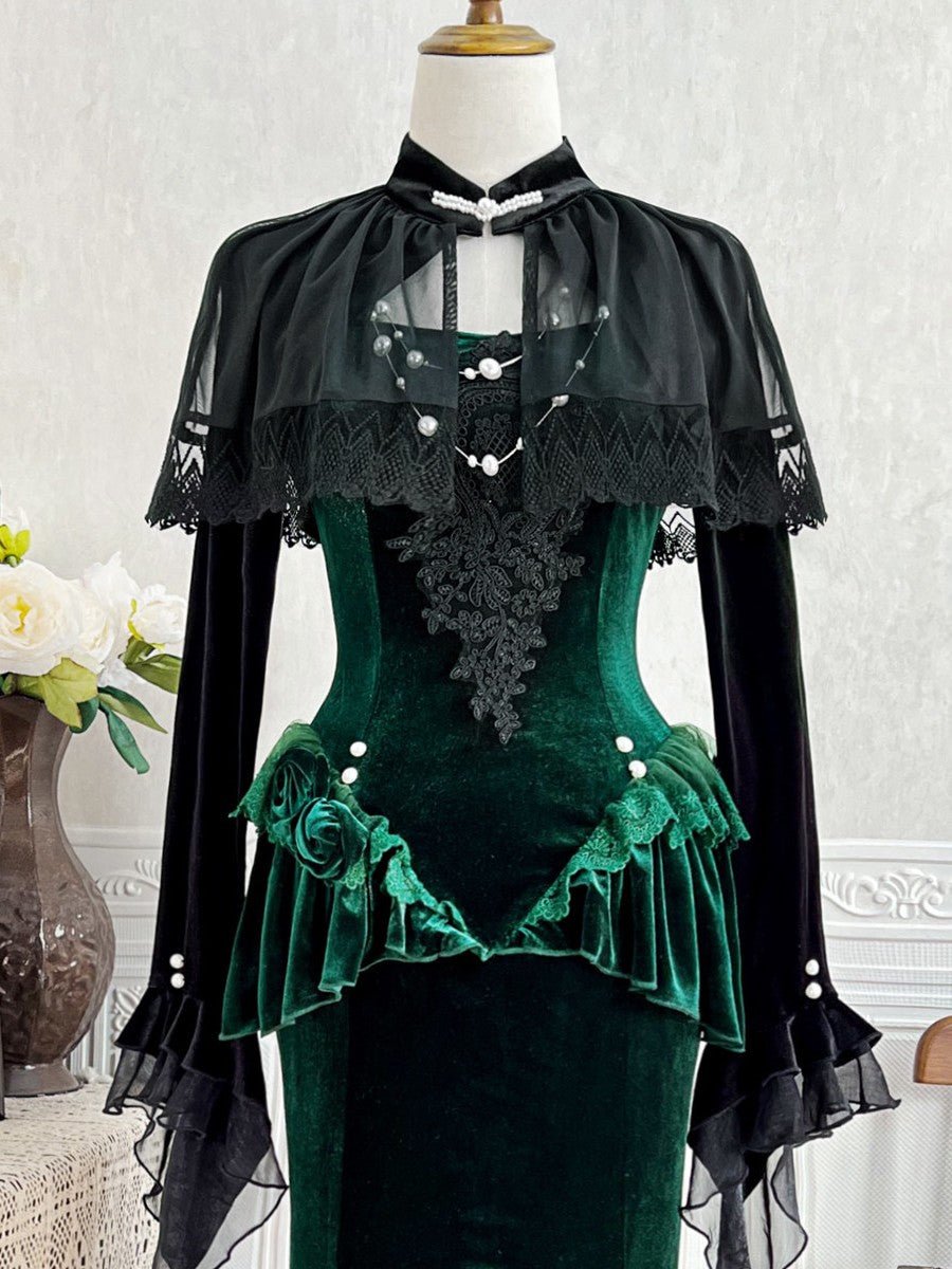Dark Forest Green Fishtail Elegant Mature Gown Dress - LolitaEraSetSDark Forest Green Fishtail Elegant Mature Gown Dress
