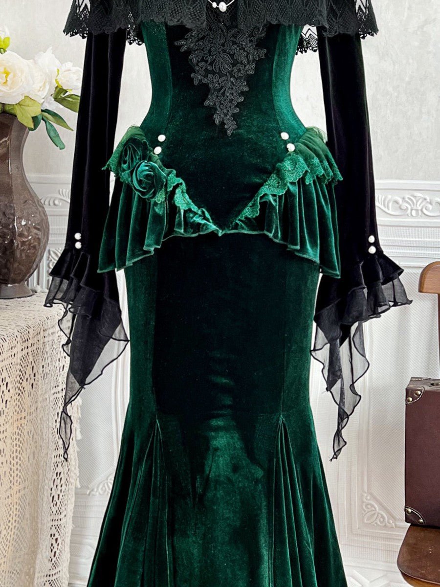 Dark Forest Green Fishtail Elegant Mature Gown Dress - LolitaEraSetSDark Forest Green Fishtail Elegant Mature Gown Dress