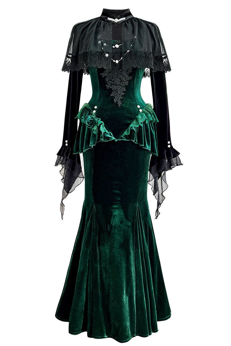 Dark Forest Green Fishtail Elegant Mature Gown Dress - LolitaEraSetSDark Forest Green Fishtail Elegant Mature Gown Dress