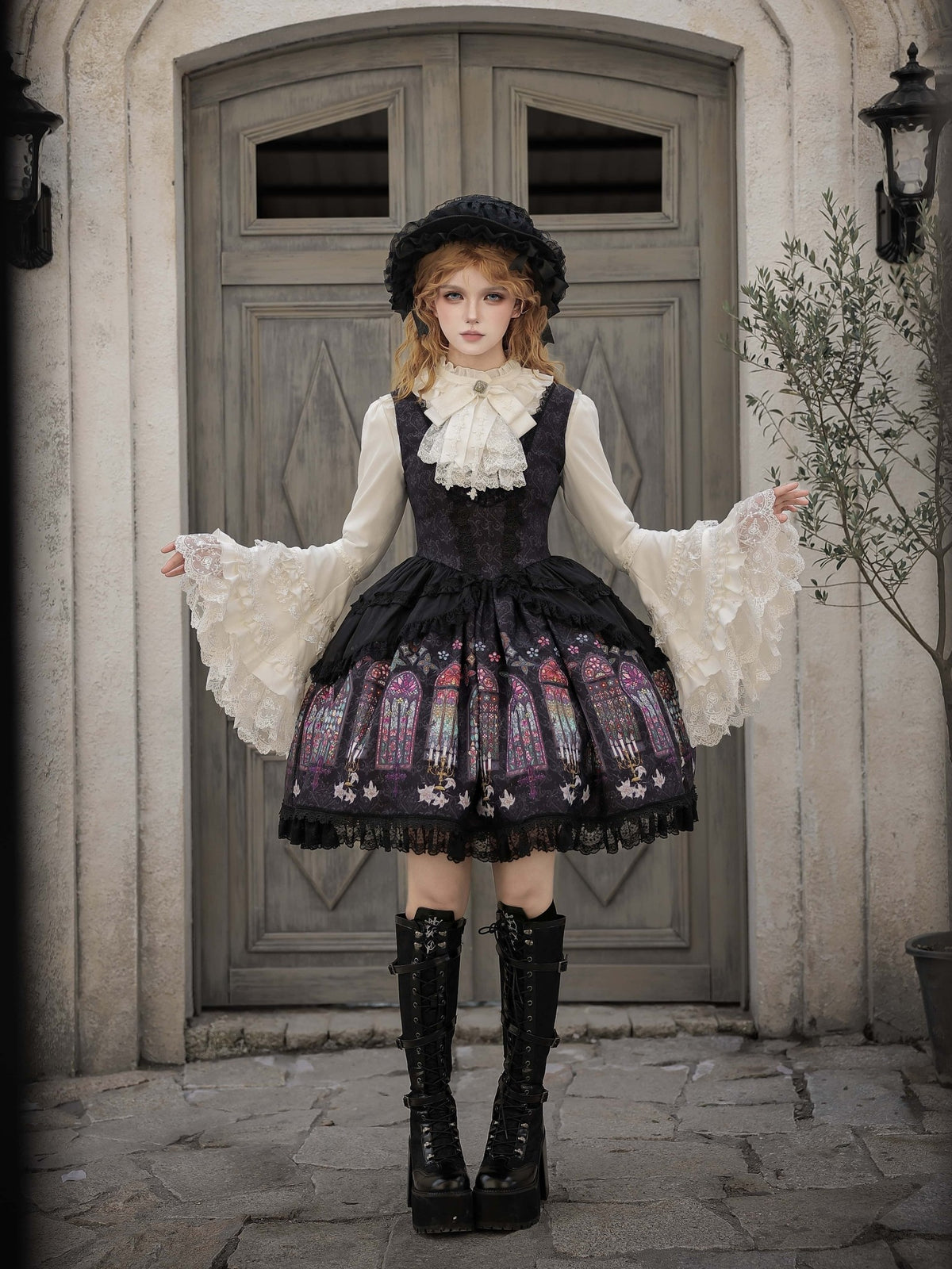 Dark Gothic Cathedral Stained Glass Print Lolita JSK & Blouse Set - LolitaEra