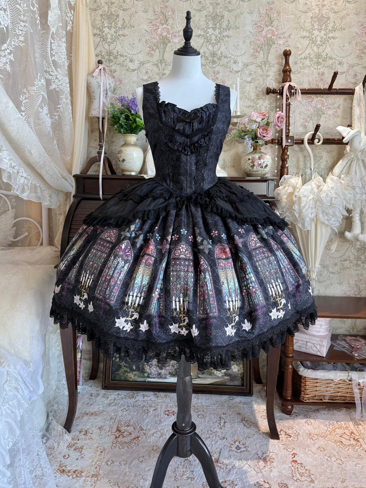 Dark Gothic Cathedral Stained Glass Print Lolita JSK & Blouse Set - LolitaEra