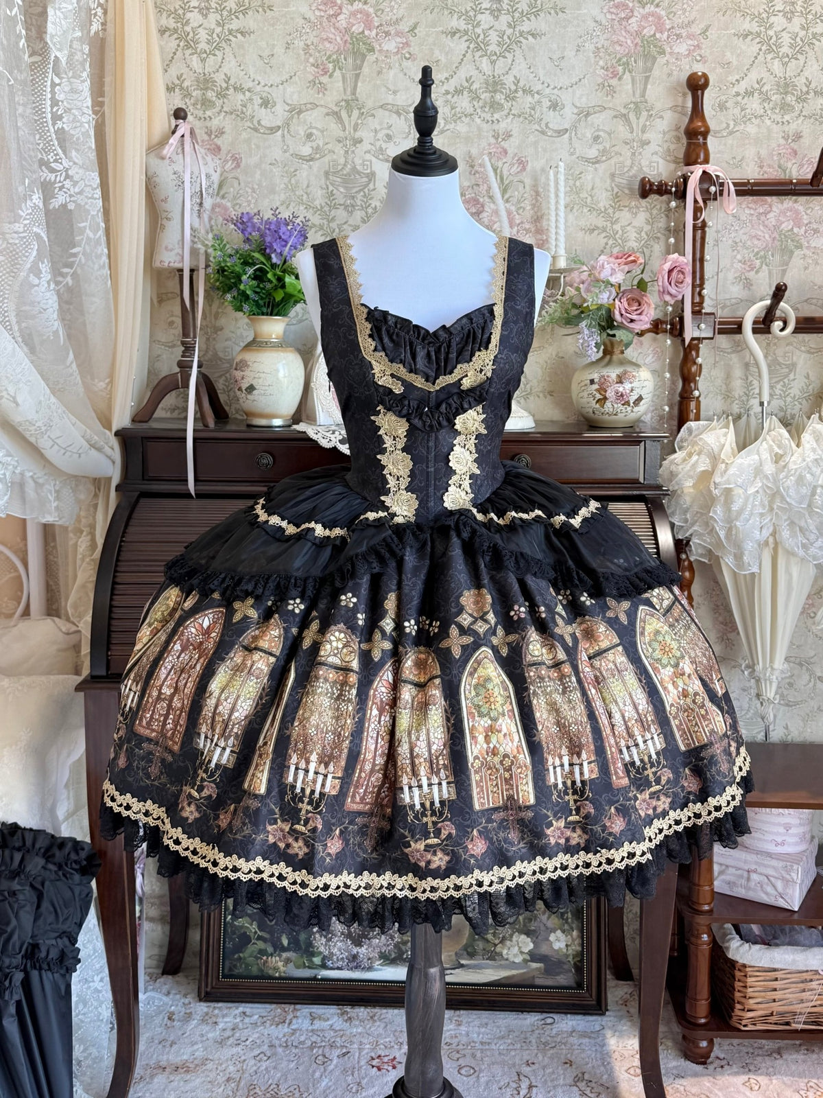 Dark Gothic Cathedral Stained Glass Print Lolita JSK & Blouse Set - LolitaEra