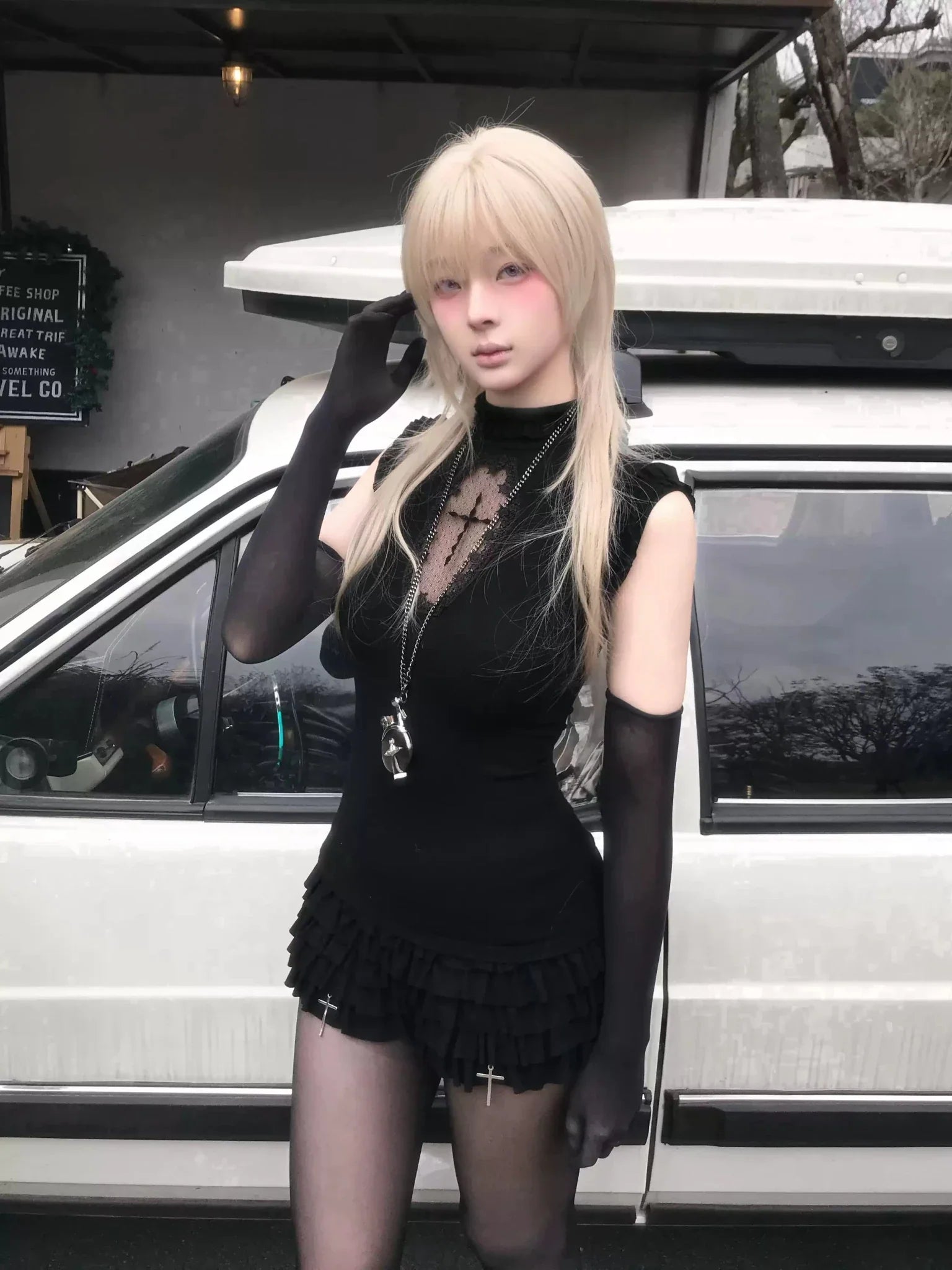 Dark Gothic Cross Top & Tiered Skirt Set - LolitaEraSleevesDark Gothic Cross Top & Tiered Skirt Set