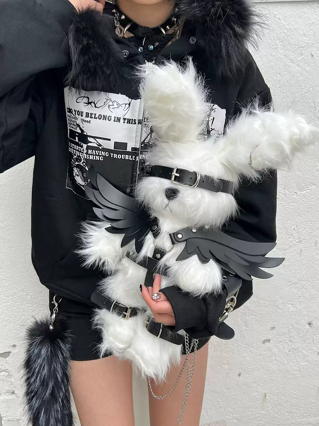 Dark Subculture Punk Bear Plush Backpack with Wings and Ears