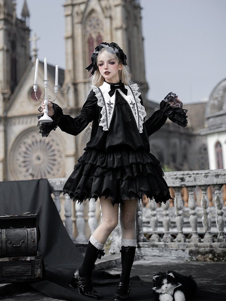 Dawn Chime & Dusk Ballad Gothic Doll - Silhouette Twin OP - LolitaEraBlack SetSDawn Chime & Dusk Ballad Gothic Doll - Silhouette Twin OP