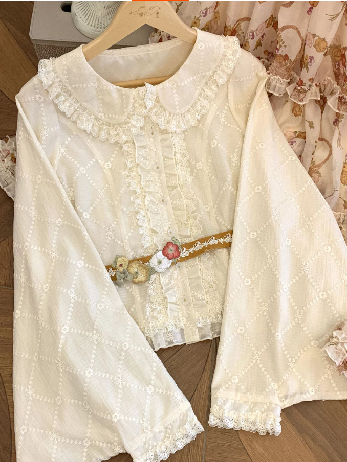 Blossoming Hibiscus Lolita Original Raccoon Sleeve Collar Blouse & Tiered Half Skirt Set