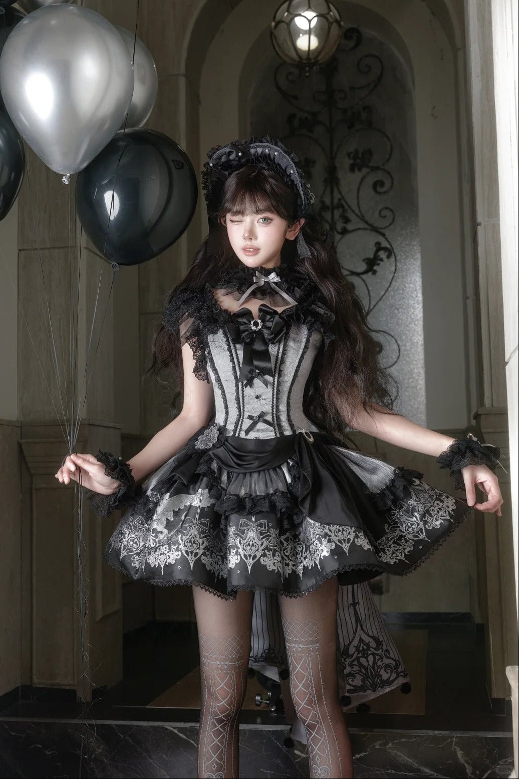Deer Comes With Dreams Silver Black Lace Lolita JSK - LolitaEraBlack SetXSDeer Comes With Dreams Silver Black Lace Lolita JSK