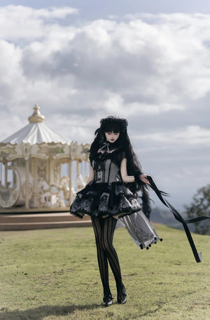 Deer Comes With Dreams Silver Black Lace Lolita JSK - LolitaEraBlack SetXSDeer Comes With Dreams Silver Black Lace Lolita JSK