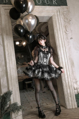 Deer Comes With Dreams Silver Black Lace Lolita JSK - LolitaEraBlack SetXSDeer Comes With Dreams Silver Black Lace Lolita JSK
