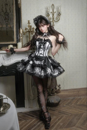 Deer Comes With Dreams Silver Black Lace Lolita JSK - LolitaEraBlack SetXSDeer Comes With Dreams Silver Black Lace Lolita JSK