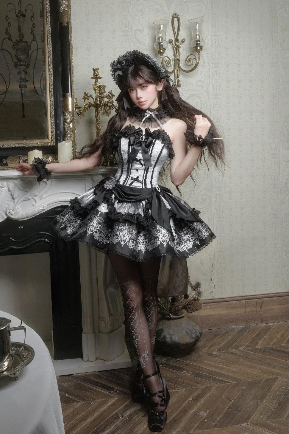 Deer Comes With Dreams Silver Black Lace Lolita JSK - LolitaEraBlack SetXSDeer Comes With Dreams Silver Black Lace Lolita JSK