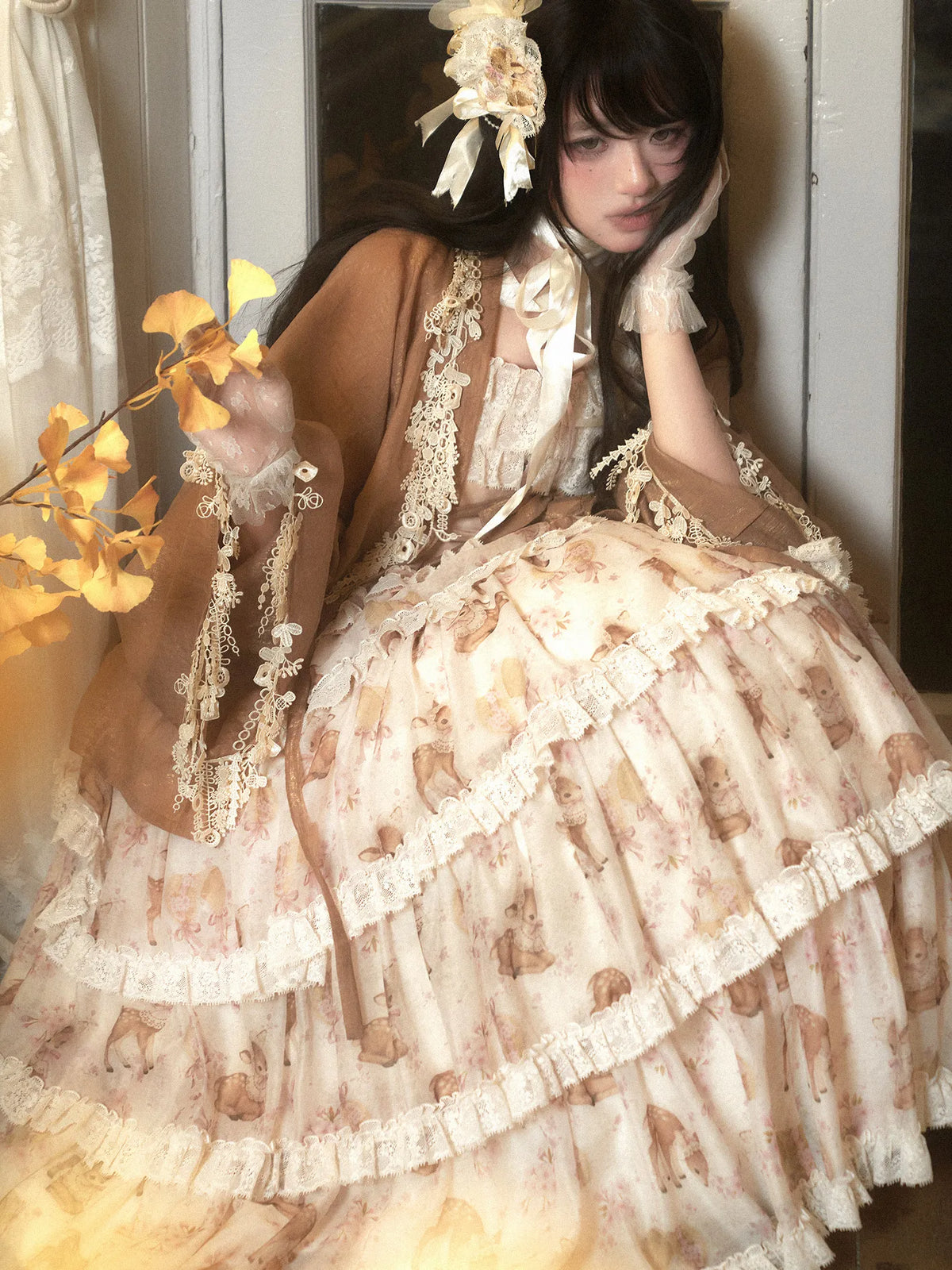 "Little Deer Princess" Twelve Flowers Original Print Tiered Dress JSK Camisole Top Set Skirt SK