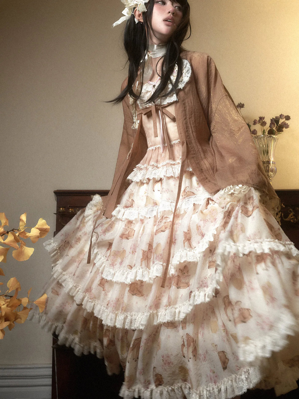 "Little Deer Princess" Twelve Flowers Original Print Tiered Dress JSK Camisole Top Set Skirt SK