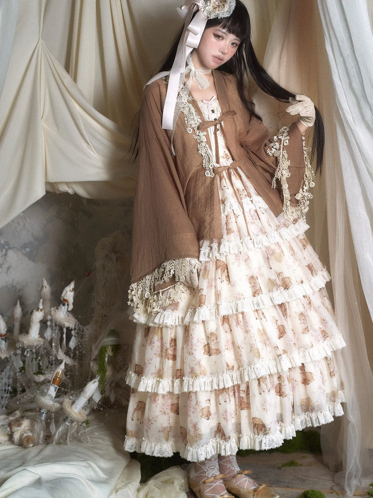 "Little Deer Princess" Twelve Flowers Original Print Tiered Dress JSK Camisole Top Set Skirt SK