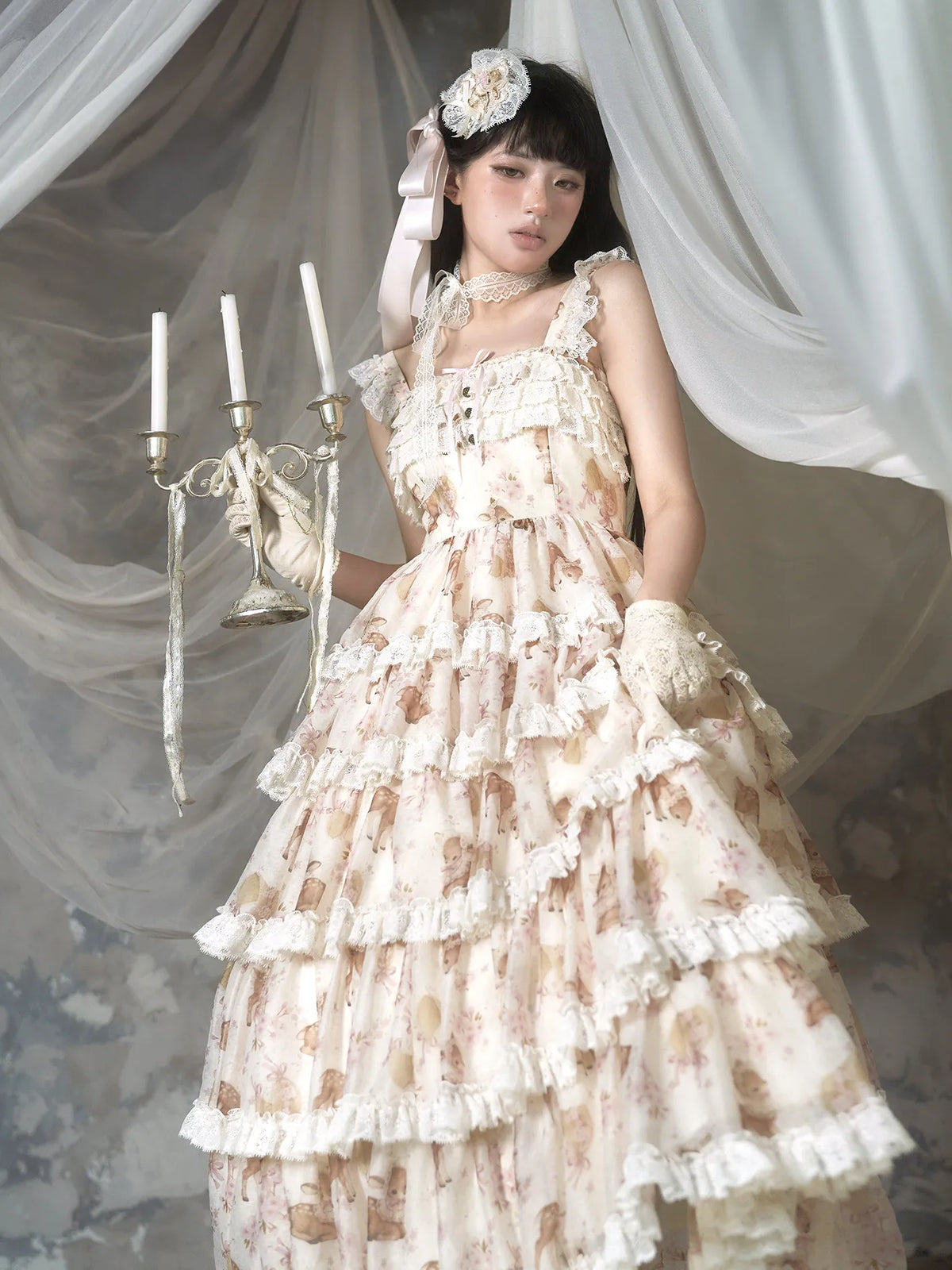 "Little Deer Princess" Twelve Flowers Original Print Tiered Dress JSK Camisole Top Set Skirt SK