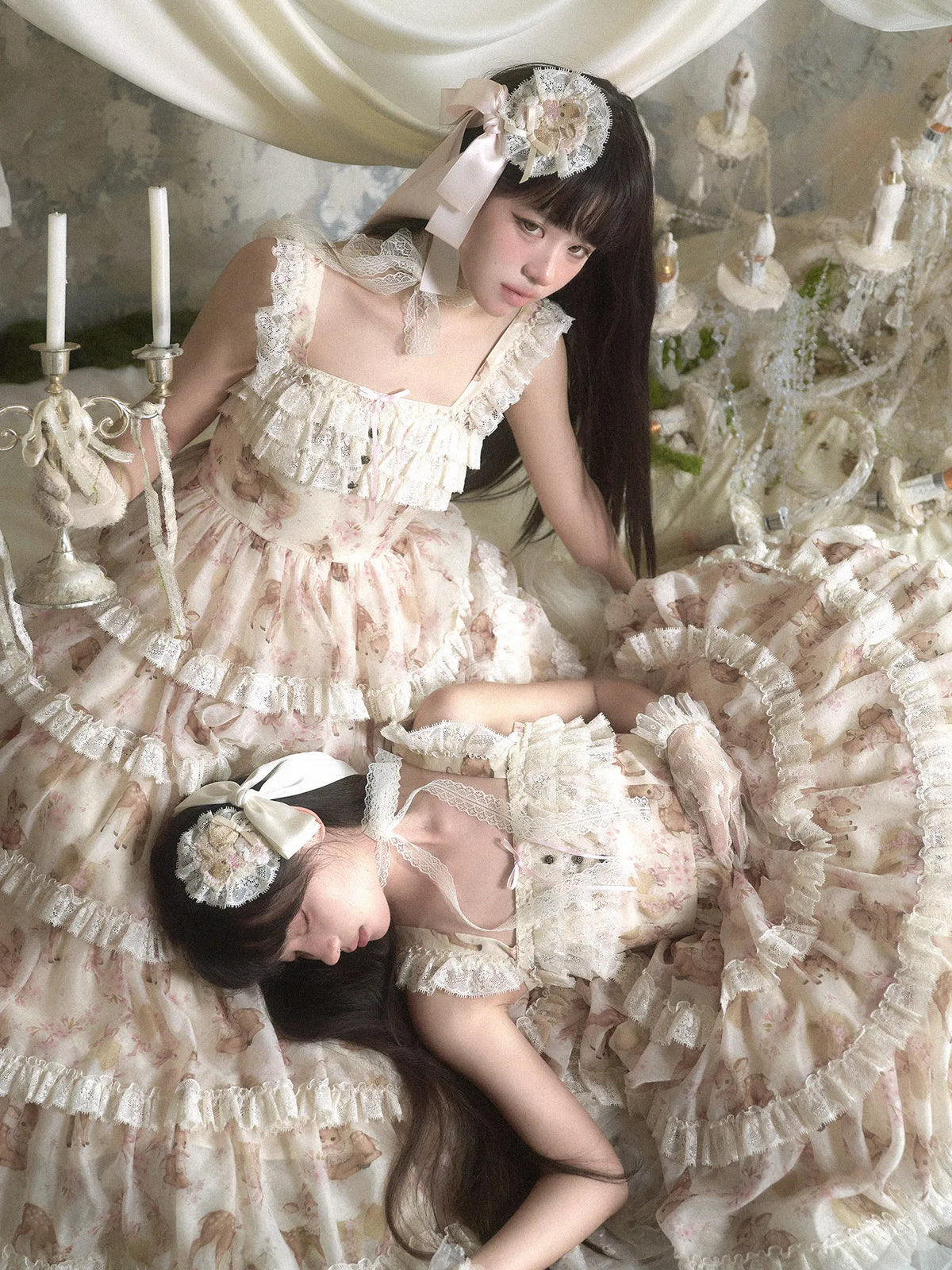 "Little Deer Princess" Twelve Flowers Original Print Tiered Dress JSK Camisole Top Set Skirt SK