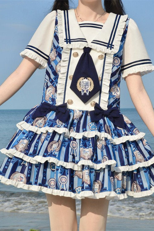 Dog's Honor Sailor Collar Low Waist Lolita Dress - LolitaEraNavy Blue DressSDog's Honor Sailor Collar Low Waist Lolita Dress