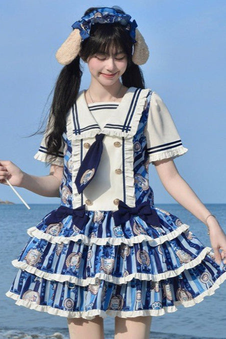 Dog's Honor Sailor Collar Low Waist Lolita Dress - LolitaEraNavy Blue DressSDog's Honor Sailor Collar Low Waist Lolita Dress
